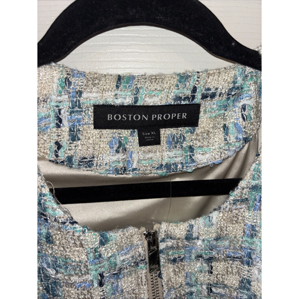 NWT Boston Proper XL Tweed Zip Bomber Lady Jacket Blue Green Cream Pockets - Picture 6 of 16
